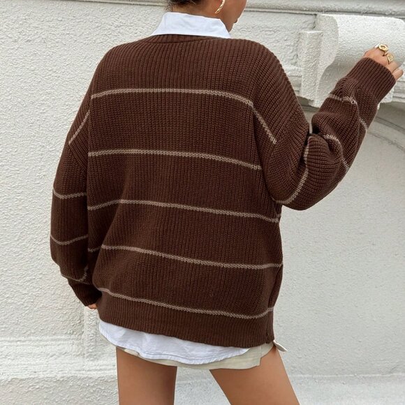 Chocolate Brown Casual Women's Striped Loose Fit Crew Neck Sweater - Picture 2 of 7